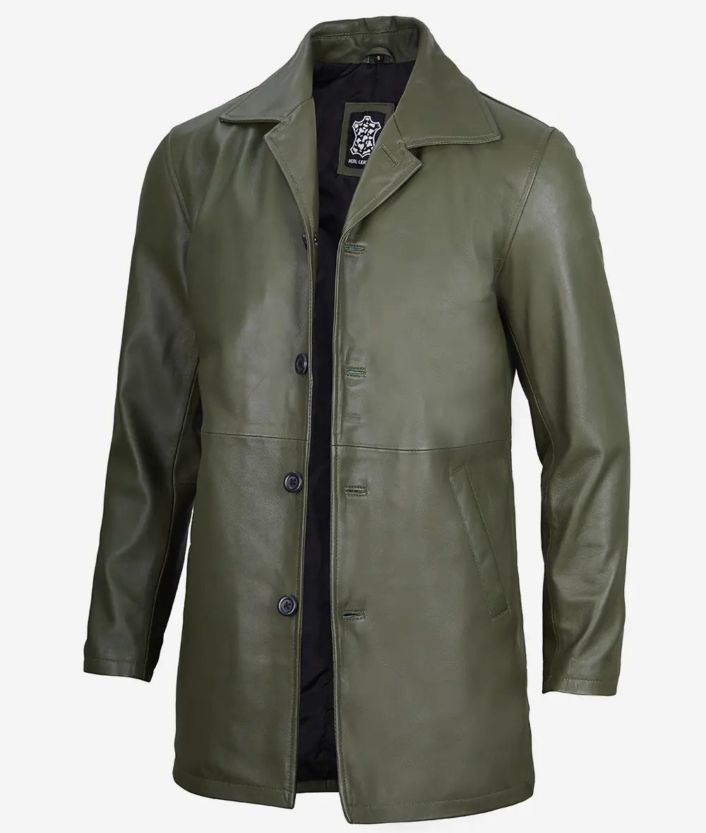 Men's Military Green 3/4 Length Real Leather Car Coat image 0