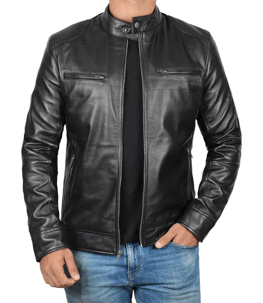Men's Cafe Racer Genuine Black Lambskin Leather Jacket image 0