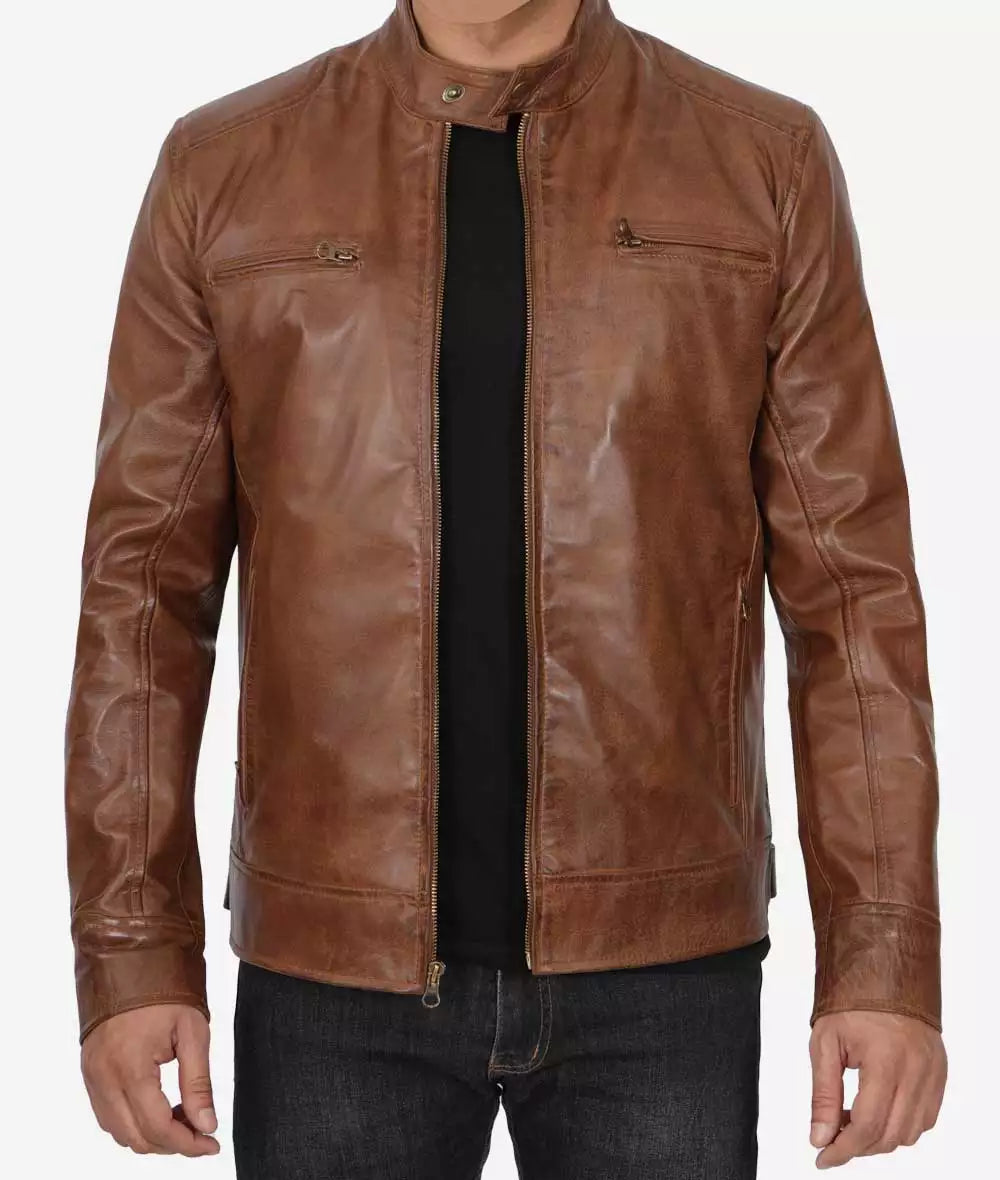 Men's Chocolate Brown Waxed Cafe Racer Motorcycle Leather Jacket image 1