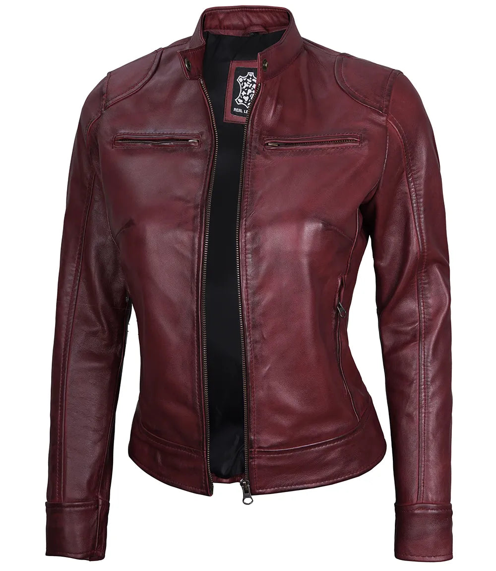 Women's Maroon Real Leather Moto Jacket image 1