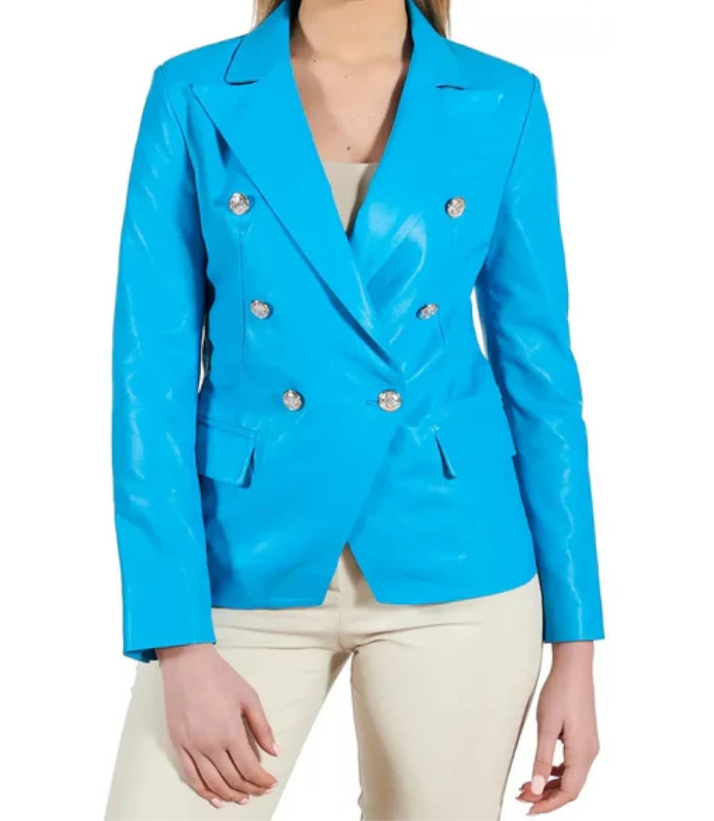 Women's Double Breasted Blue Leather Coat image 1