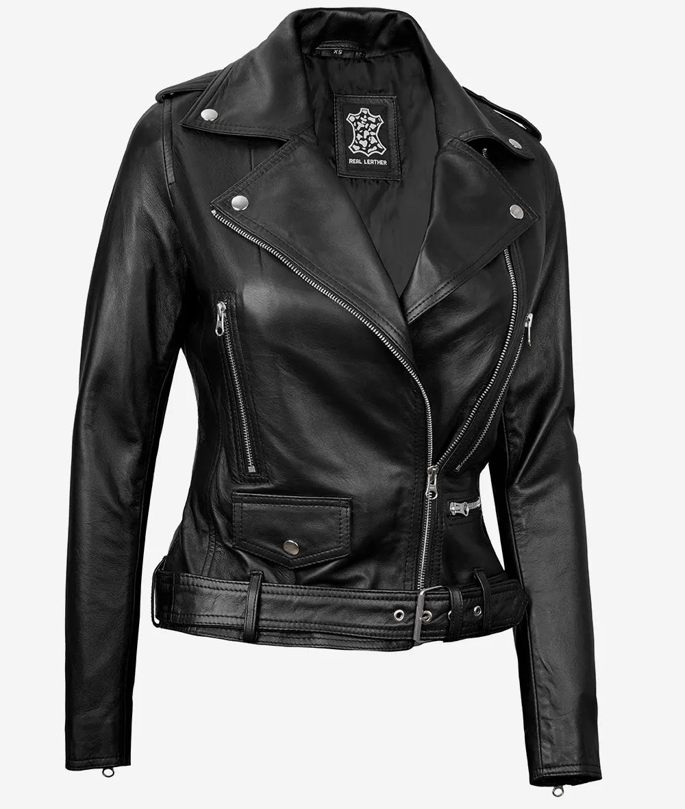 Marcella Women's Black Asymmetrical Moto Leather Jacket image 1