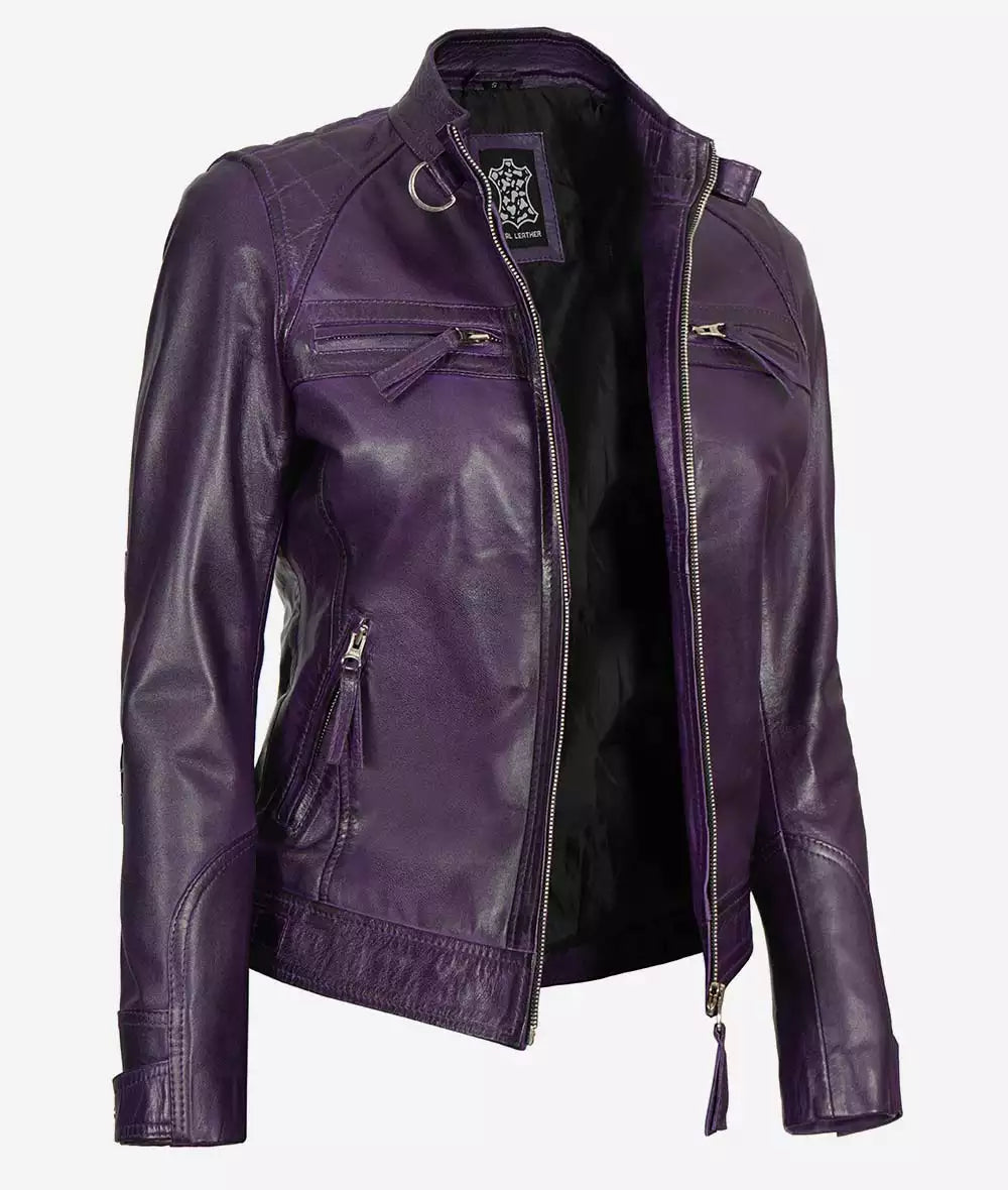 Women's Purple Cafe Racer Leather Jacket | Quilted Shoulder image 1