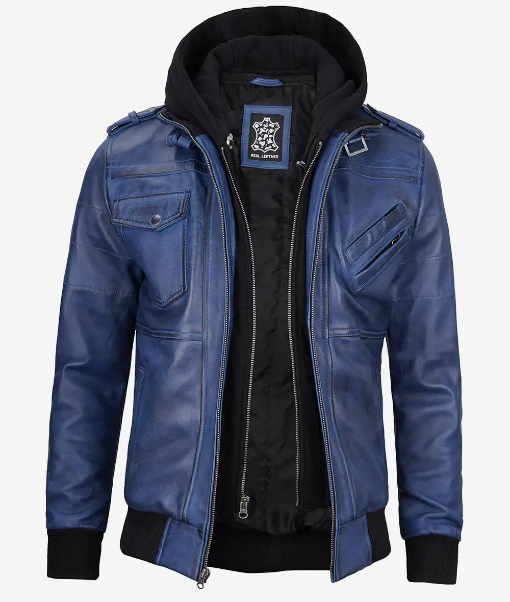 Men's Blue Wax Leather Bomber Jacket with Removable Hood image 0