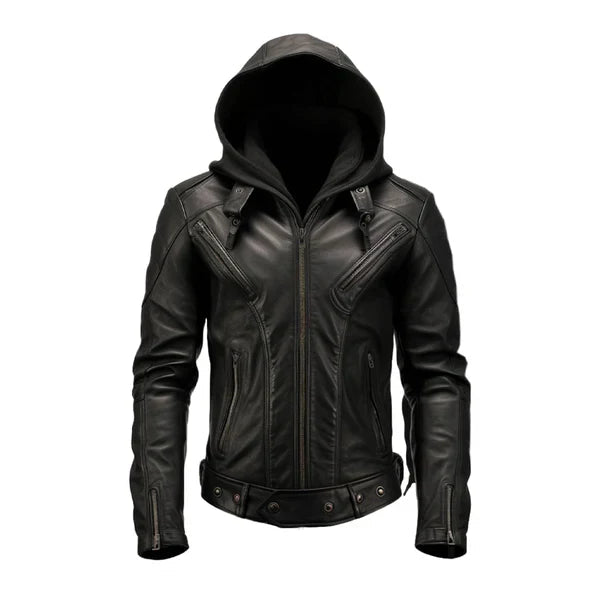 Men's Black Hooded Biker Leather Jacket image 0