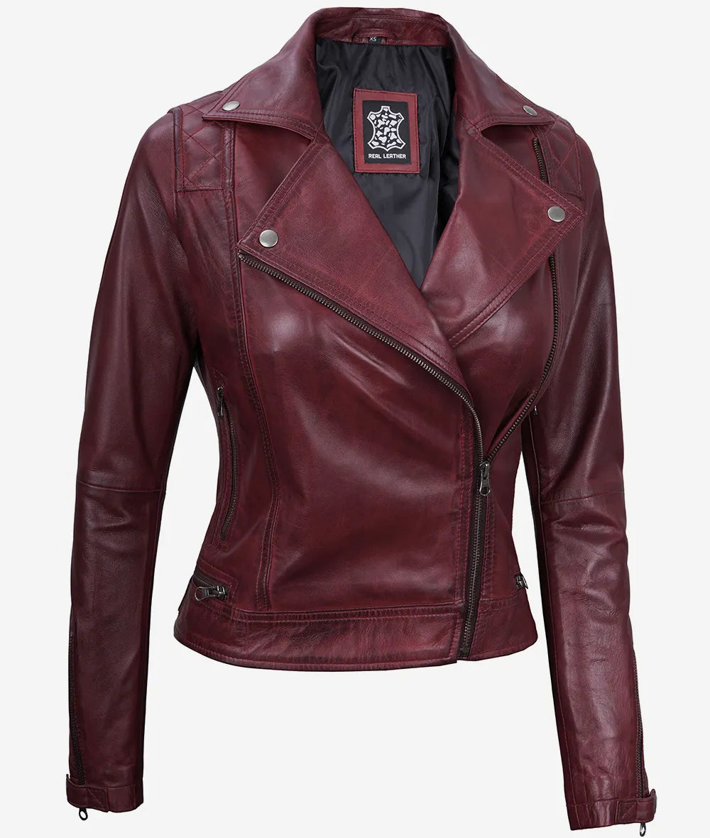 Women's Maroon Real Lambskin Moto Leather Jacket image 1