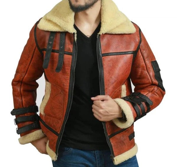 Men's RAF B3 Faux Shearling Aviator Bomber Leather Jacket image 0