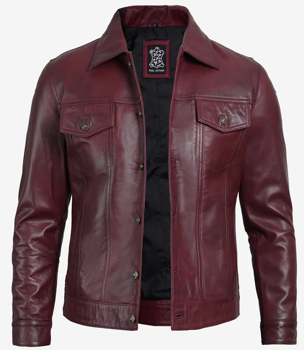 Fernando Men's Maroon Lambskin Leather Trucker Jacket image 1