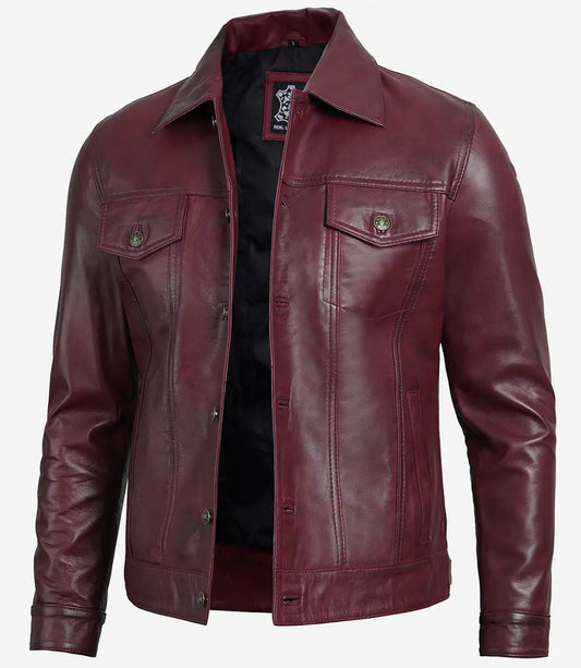 Fernando Men's Maroon Lambskin Leather Trucker Jacket image 0