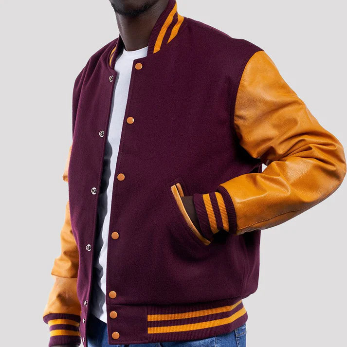 Men's Maroon and Bright Gold Wool Varsity Jacket image 1