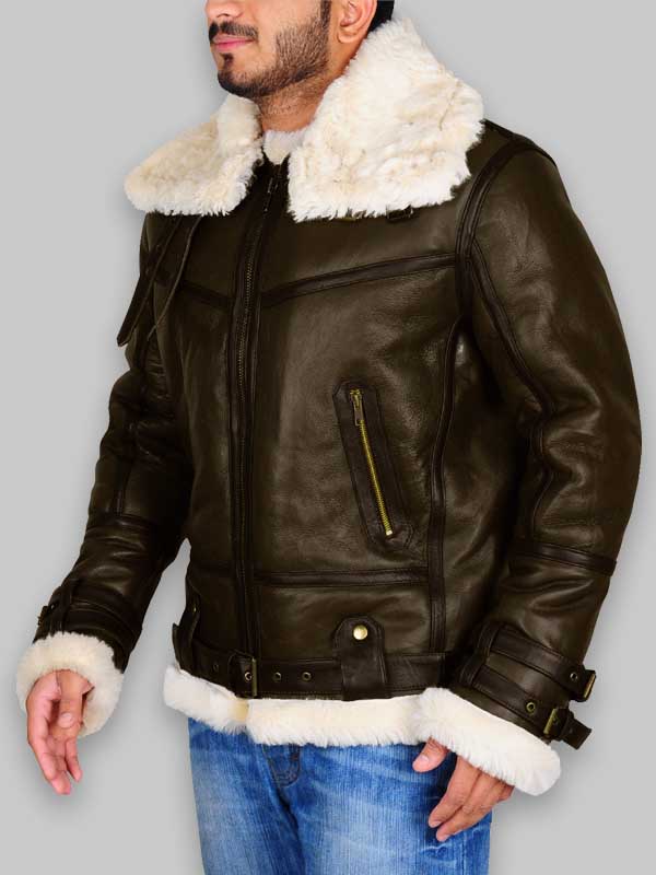 WWII B3 Bomber Men Army Green Shearling Jacket image 3