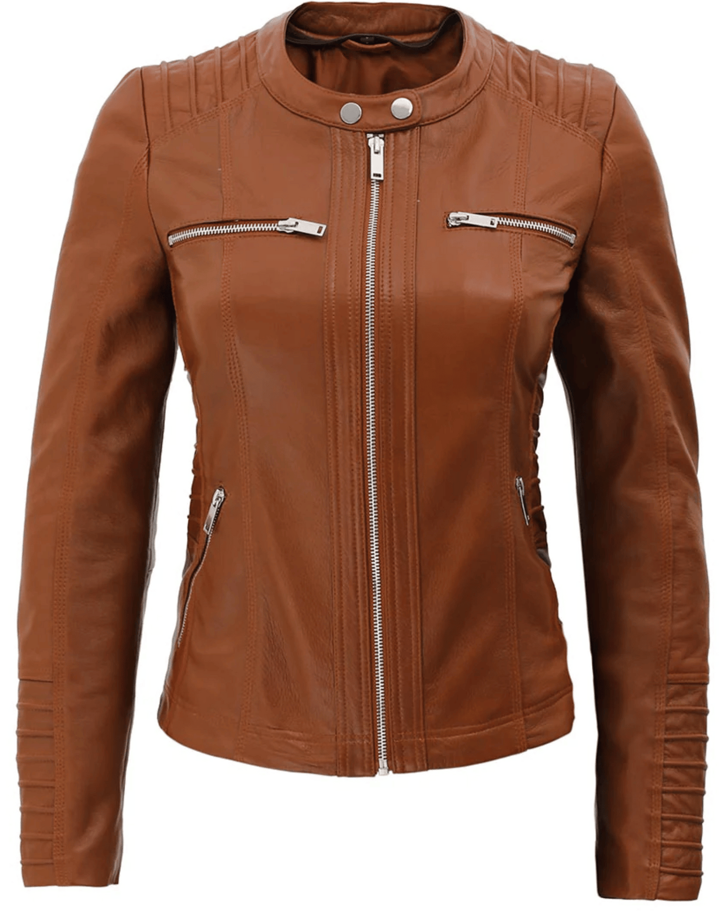 Womens Brown Racer Leather Jacket With Removable Hood image 3