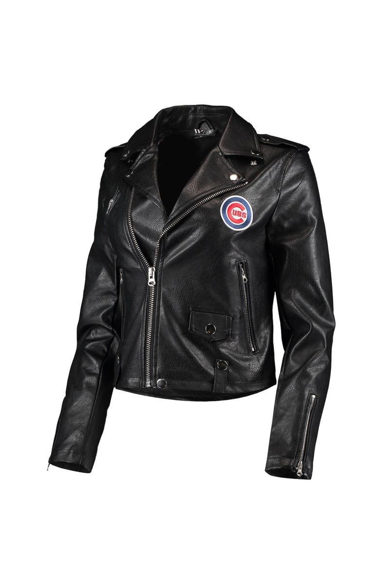 Women's The Wild Collective Black Chicago Cubs Faux Leather Moto Full-Zip Jacket image 0