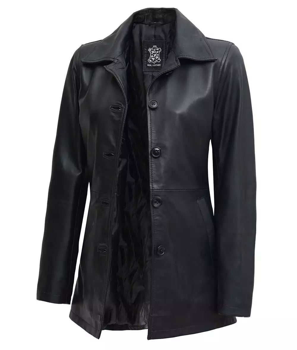 Women's Black 3/4 Length Leather Car Coat image 0