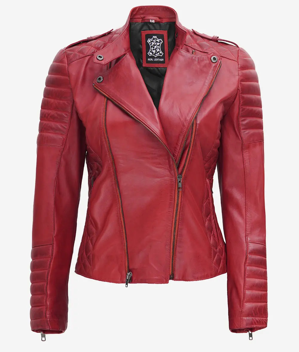 Women's Asymmetrical Padded Red Leather Biker Jacket image 1