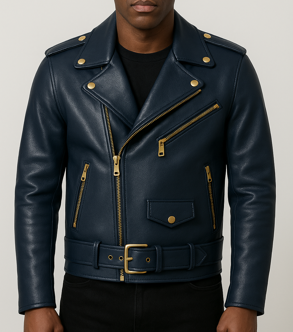 NAVYON – Blue Biker Leather Jacket for Men