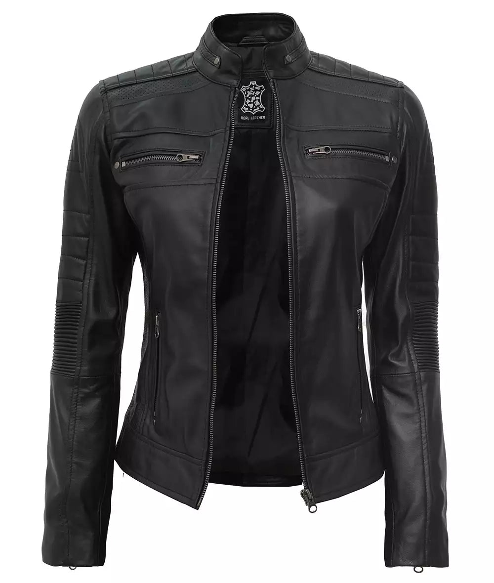Women's Black Classic Leather Biker Jacket image 1