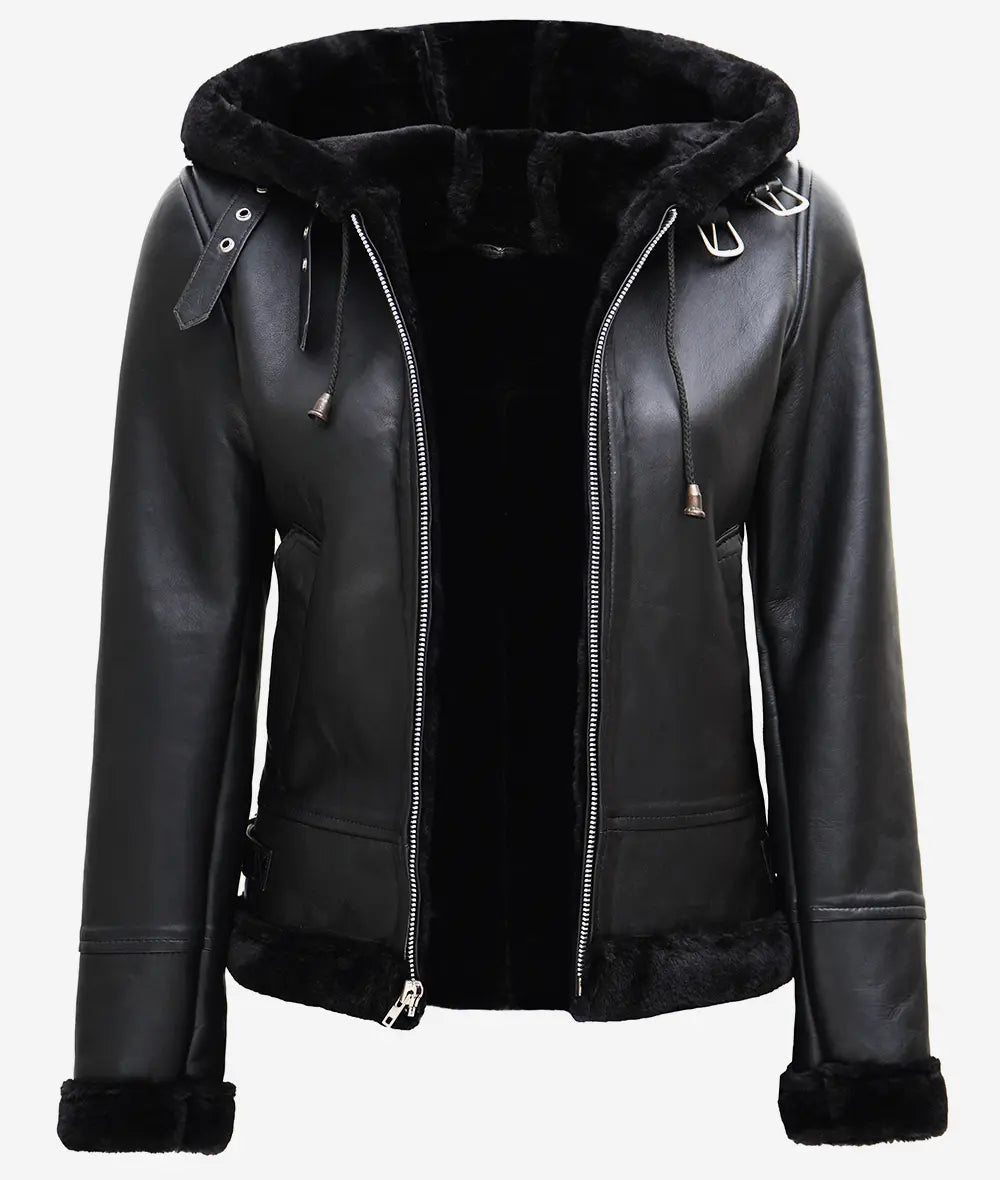 Women's Black Shearling Leather Hooded Jacket image 1