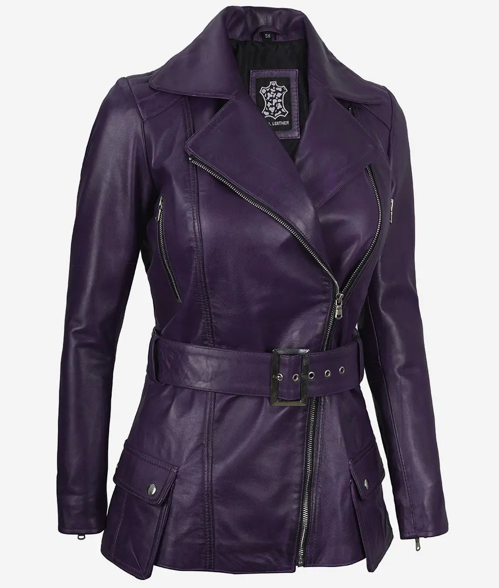 Women's Purple Asymmetrical Belted Moto Leather Jacket image 1