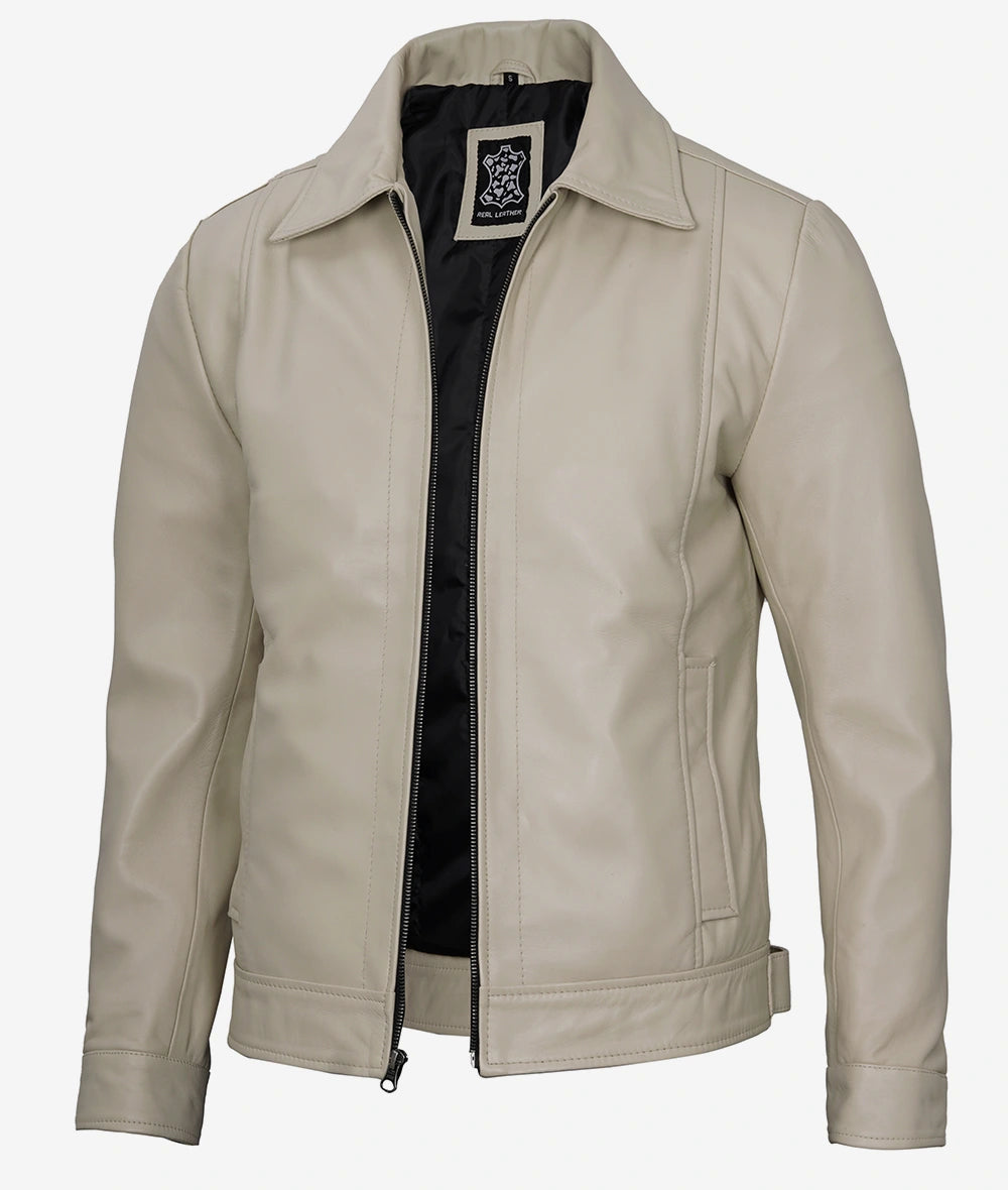 Men's Beige Classic Shirt Collar Real Leather Jacket image 0