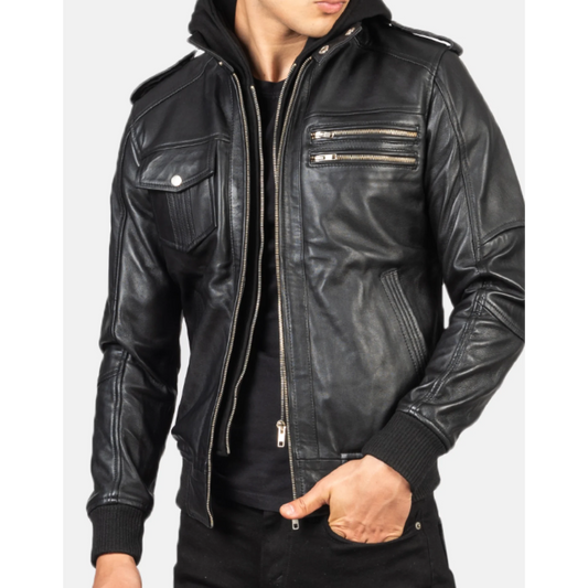 Bravado Black Hooded Leather Bomber Jacket image 0