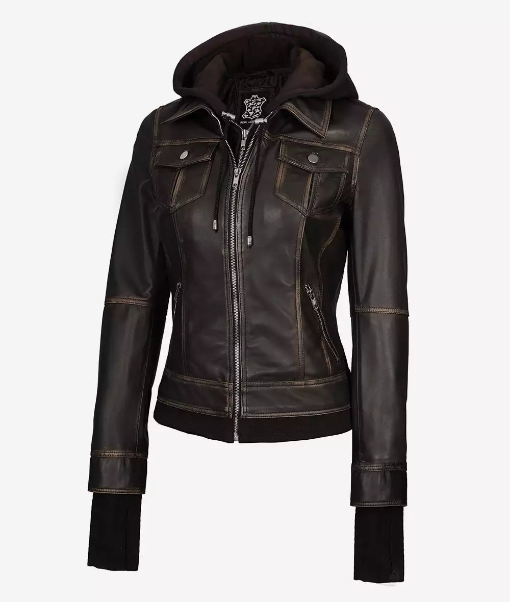 Women's Brown Rub-Off Detachable Hooded Bomber Leather Jacket image 1