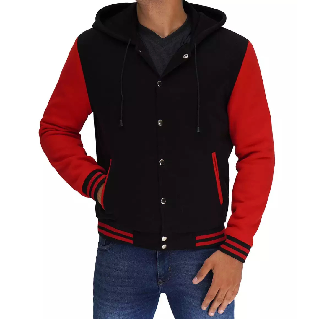 Men's Salerno Black and Red Varsity Jacket with Hood image 1