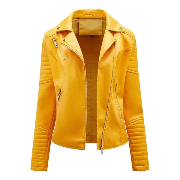 Women's Yellow Lapel Collar Biker Leather Jacket image 0