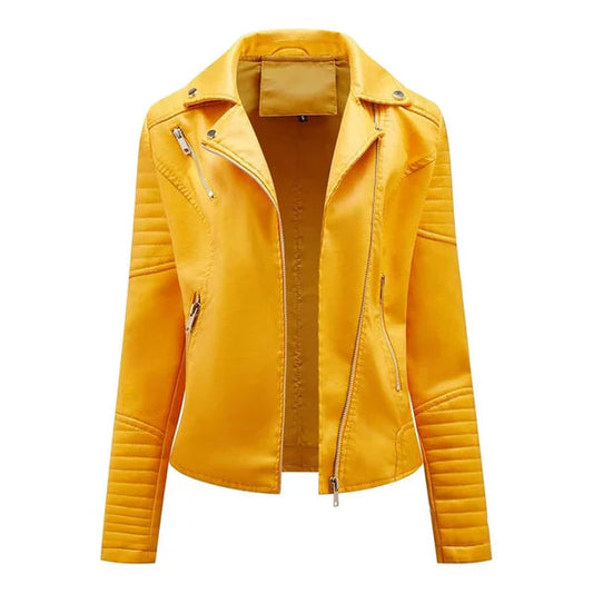 Women's Yellow Lapel Collar Biker Leather Jacket image 0