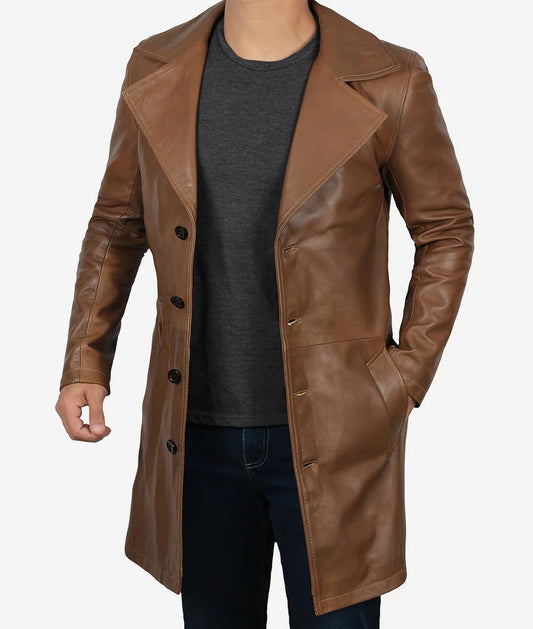 Men's Brown 3/4 Length Real Lambskin Leather Coat image 0