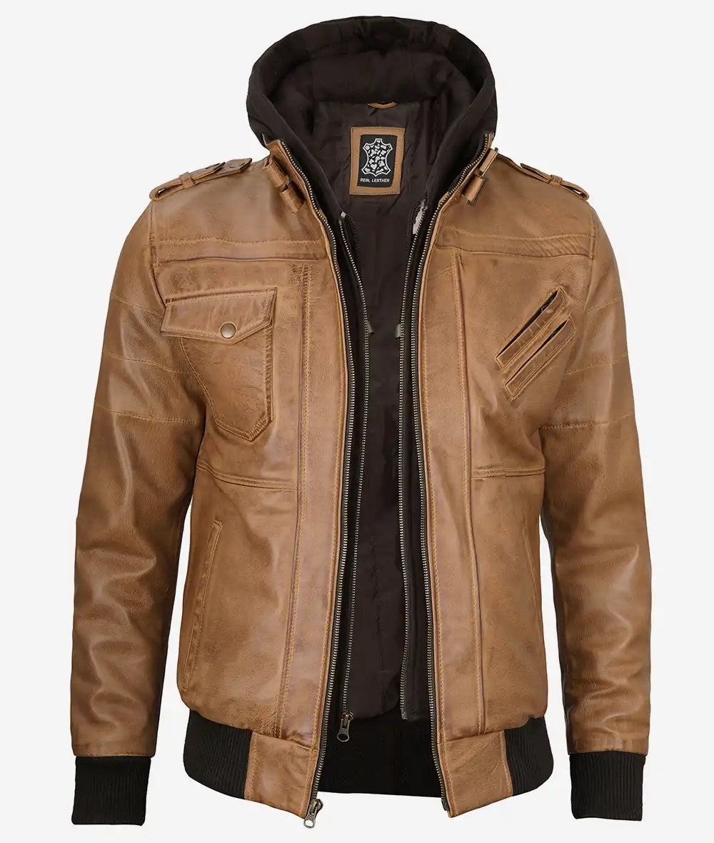Men's Camel Brown Bomber Leather Jacket Removable Hood image 1