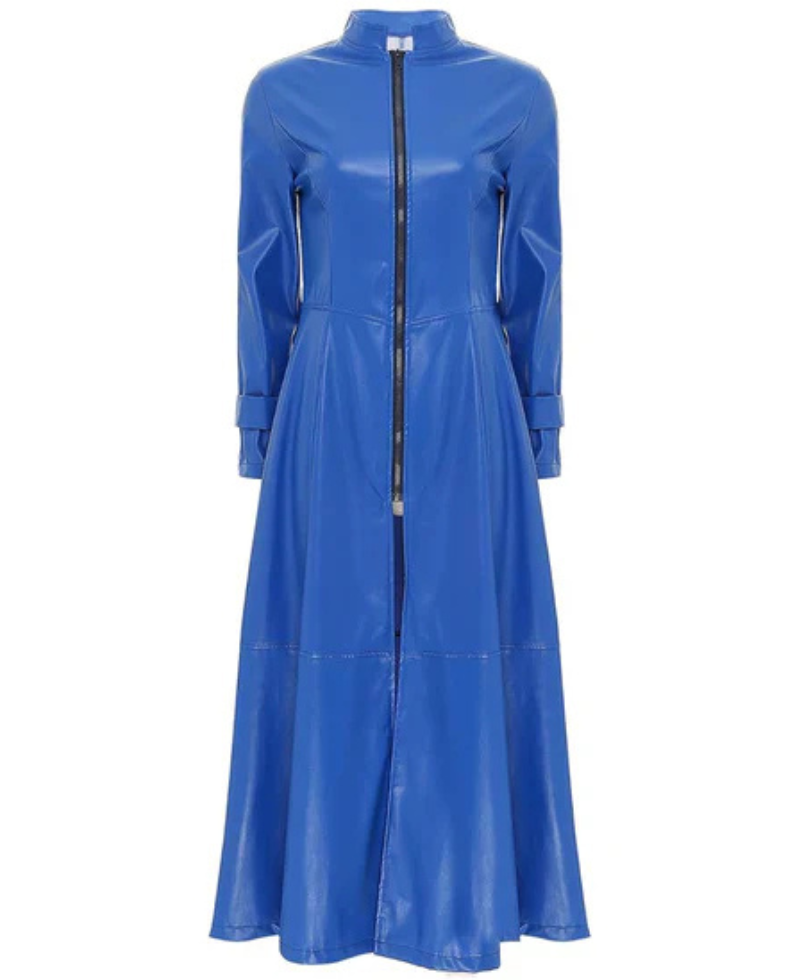 Women's Blue Ankle-Length Leather Trench Coat image 0
