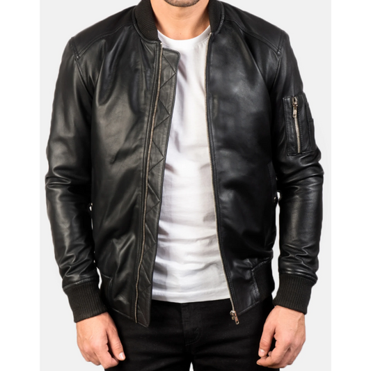 Bomia Ma-1 Black Leather Bomber Jacket image 0