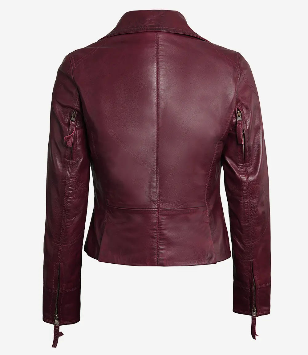 Women's Maroon Real Lambskin Leather Moto Jacket image 1