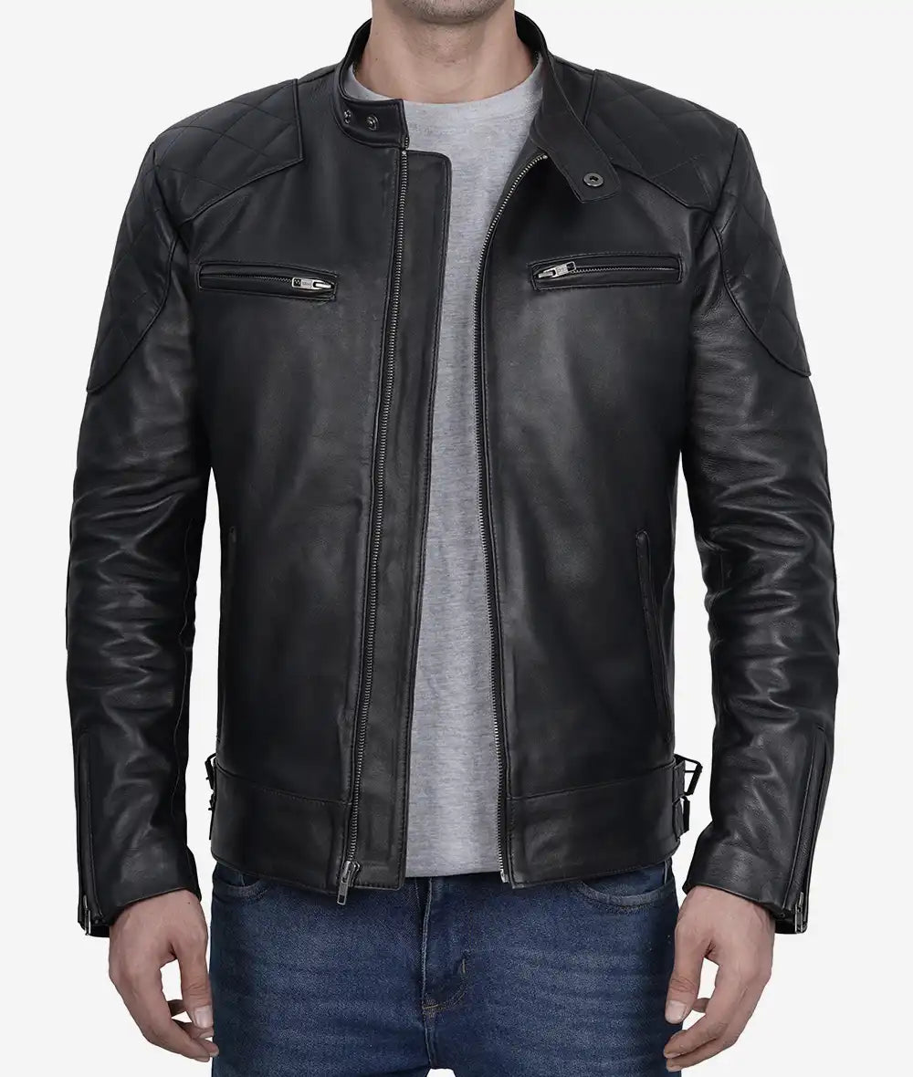 Men's Black Cafe Racer Leather Jacket image 1