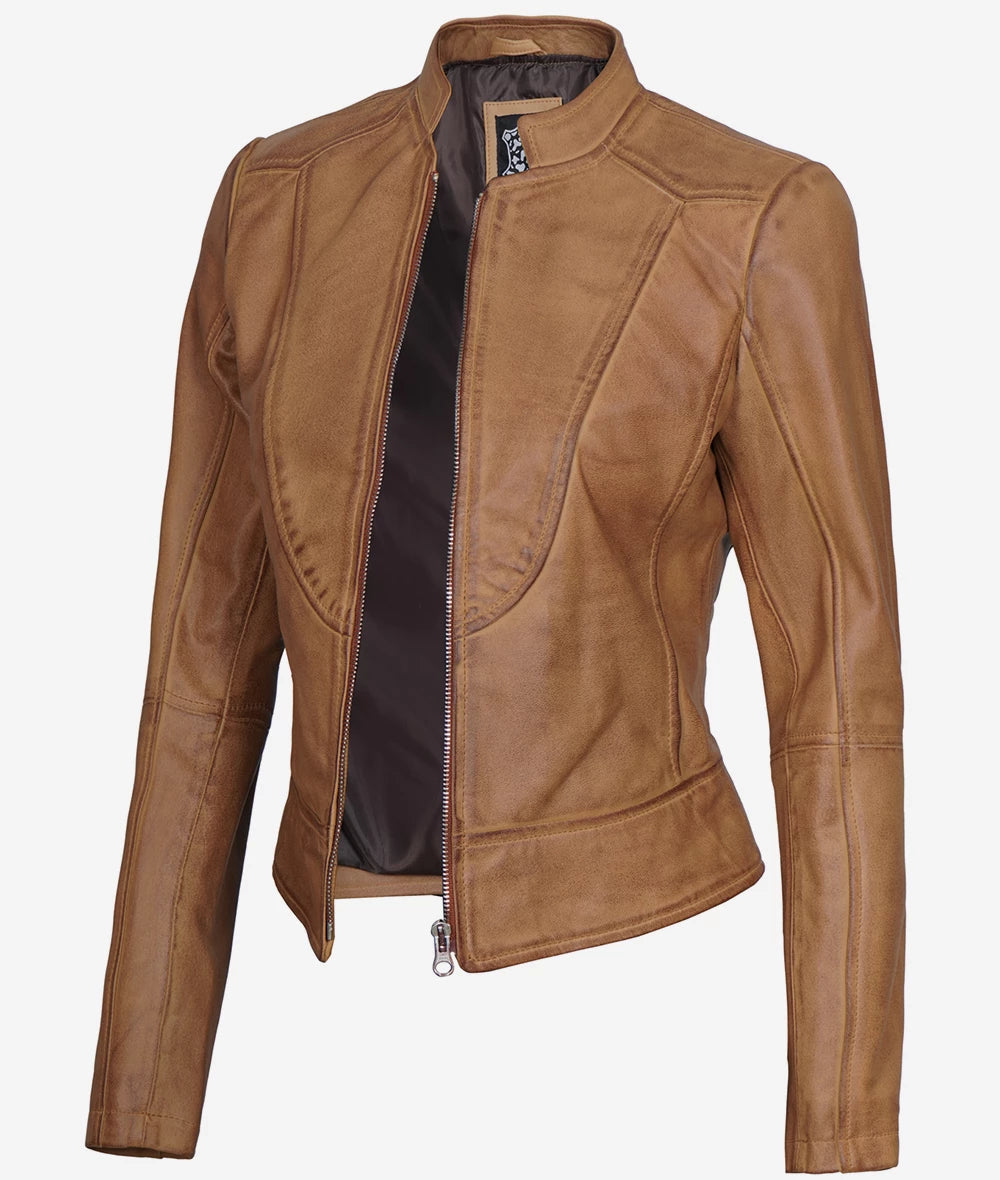 Amy Womens Slim Fit Camel Brown Leather Jacket image 1