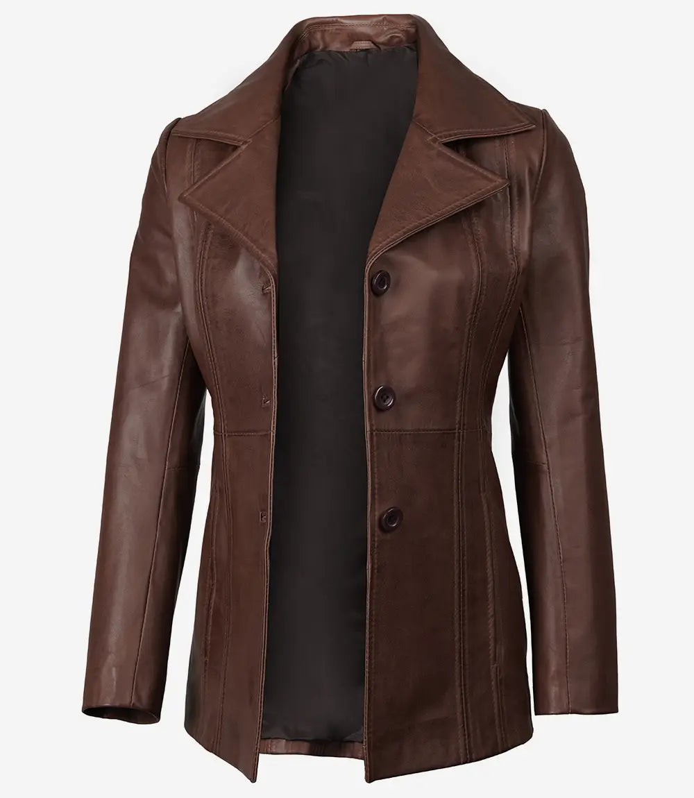 Women's Dark Brown Leather Coat - Three Button image 0