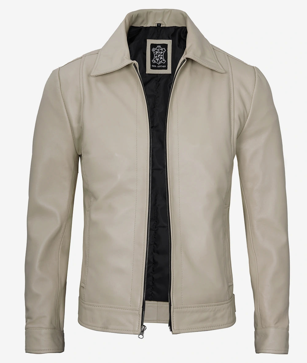 Men's Beige Classic Shirt Collar Real Leather Jacket image 1