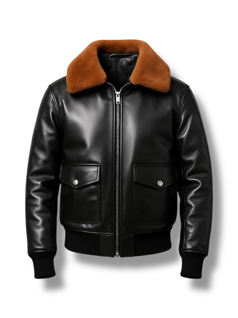 Shearling Collar Leather Jacket For Men.