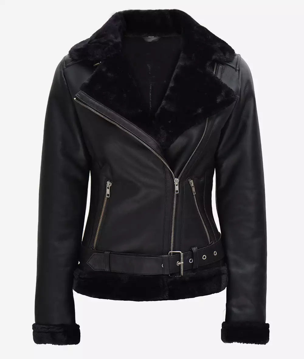 Women's Black Shearling Moto Leather Jacket image 1