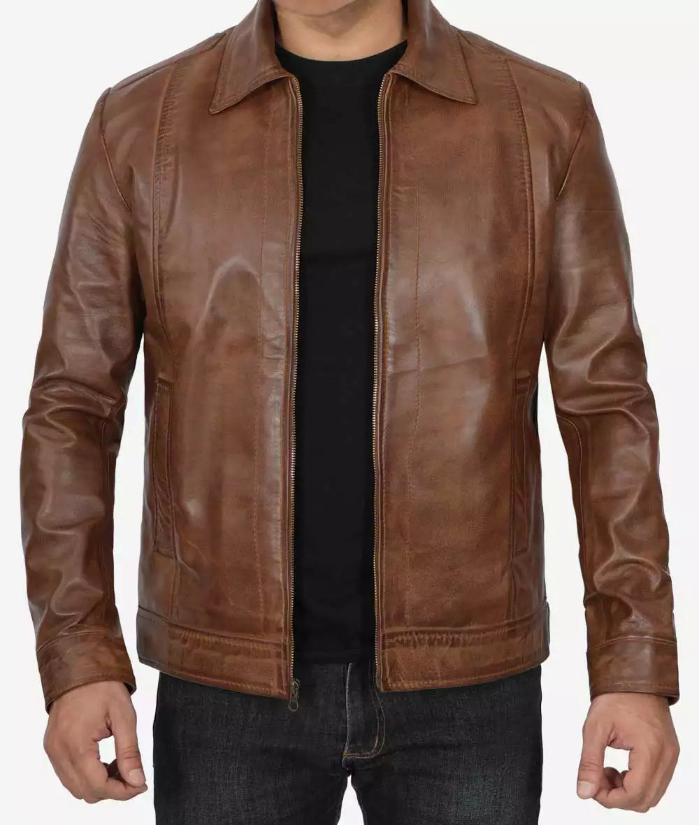 Reeves Men's Chocolate Brown Shirt Collar Leather Jacket image 1