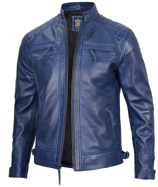 Men's Blue Cafe Racer Leather Jacket - Quilted Shoulder image 0