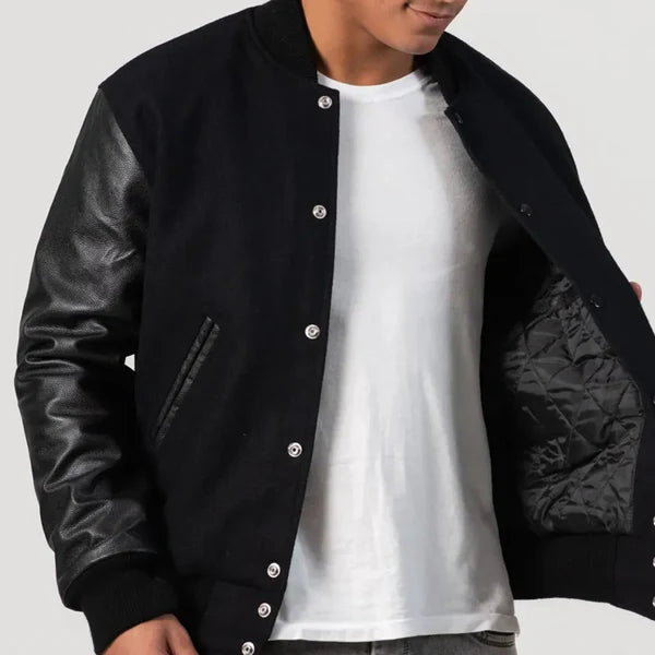 Black Wool Varsity Jacket with Black Leather Sleeves image 1