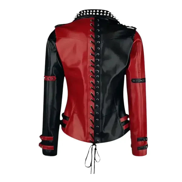 Women's Red & Black Studded Moto Leather Jacket image 1
