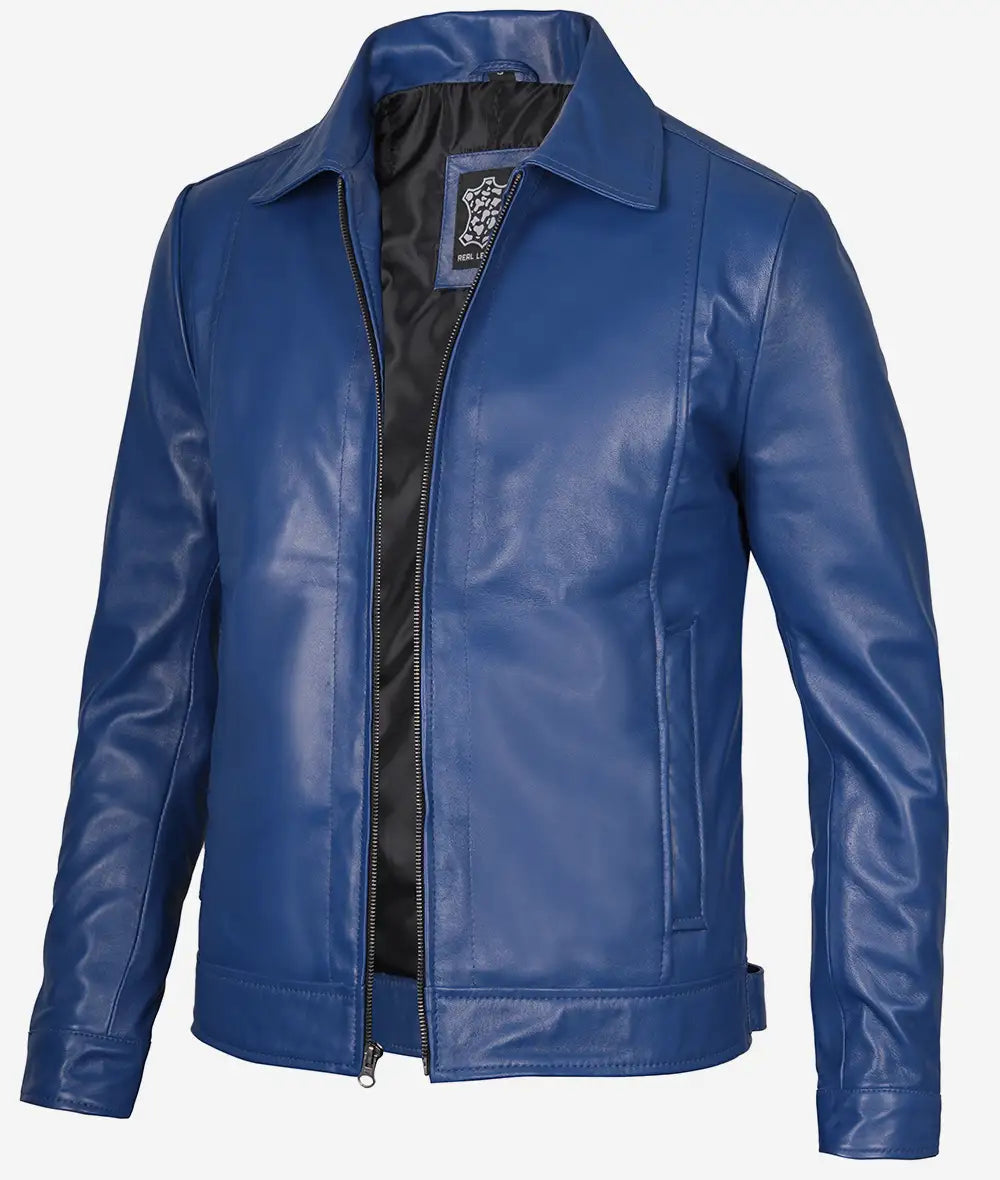 Men's Classic Shirt Style Blue Leather Jacket image 0