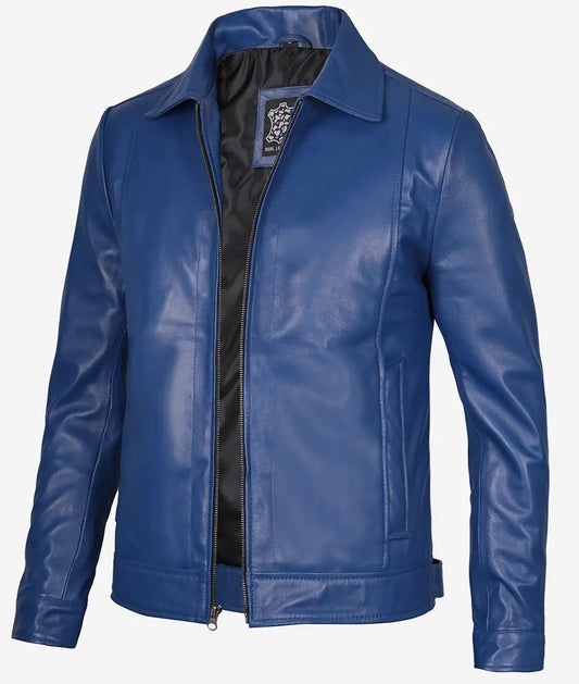 Men's Classic Shirt Style Blue Leather Jacket image 0