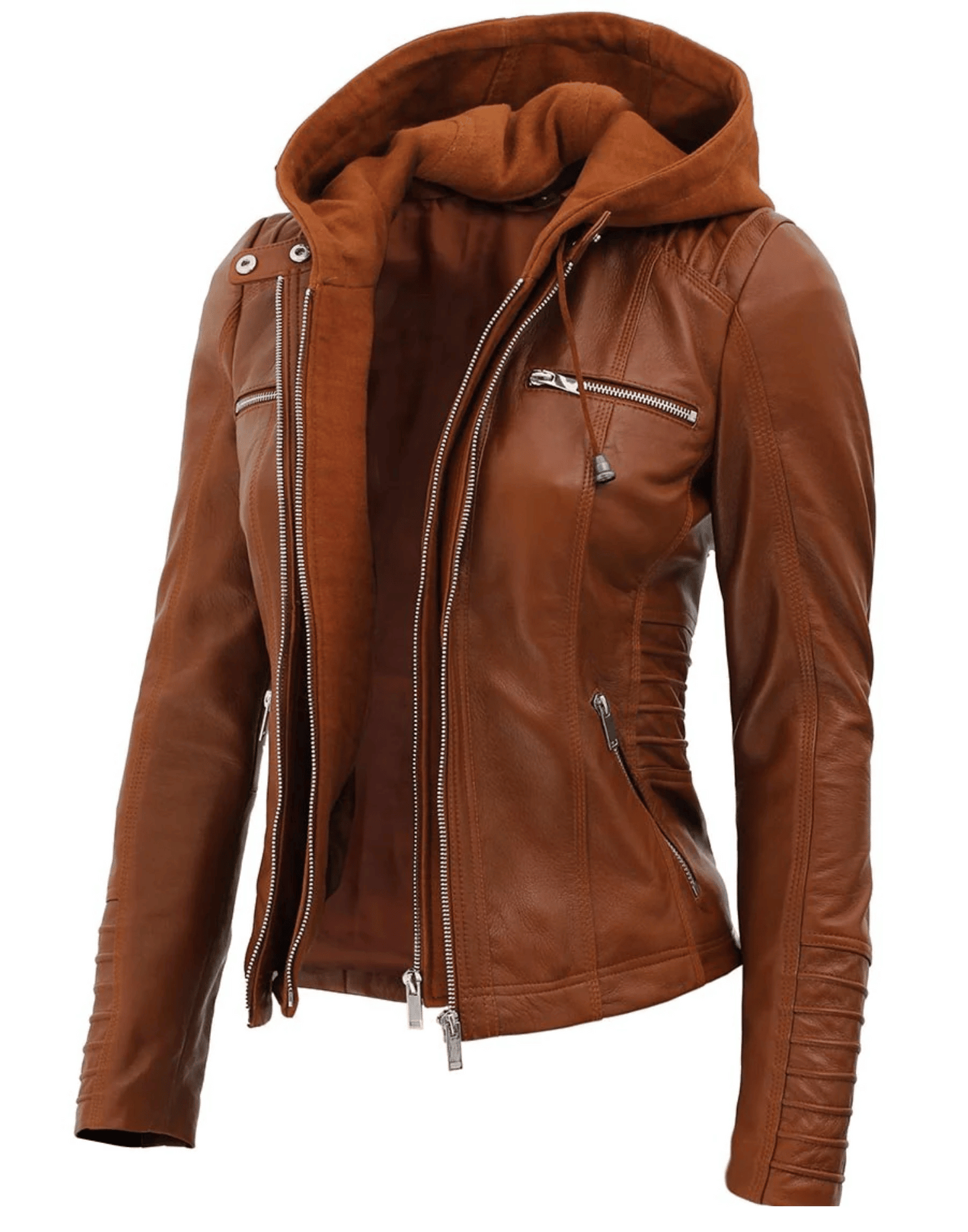 Womens Brown Racer Leather Jacket With Removable Hood image 2