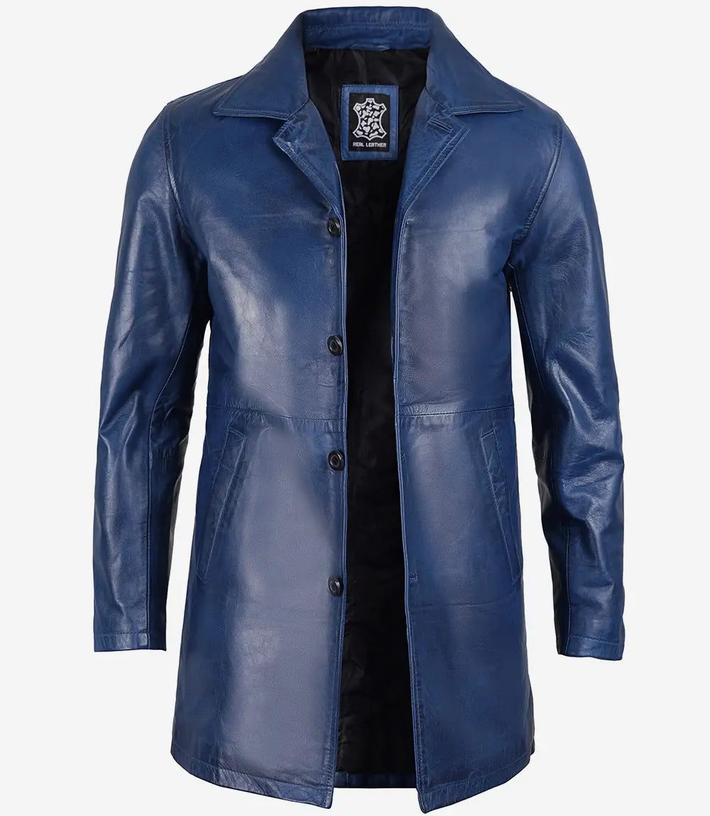Men's Blue Waxed 3/4 Length Real Leather Car Coat image 1