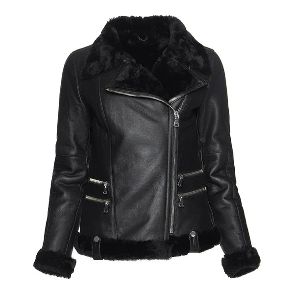Women's Spanish Merino Black Faux Shearling Leather Jacket image 0