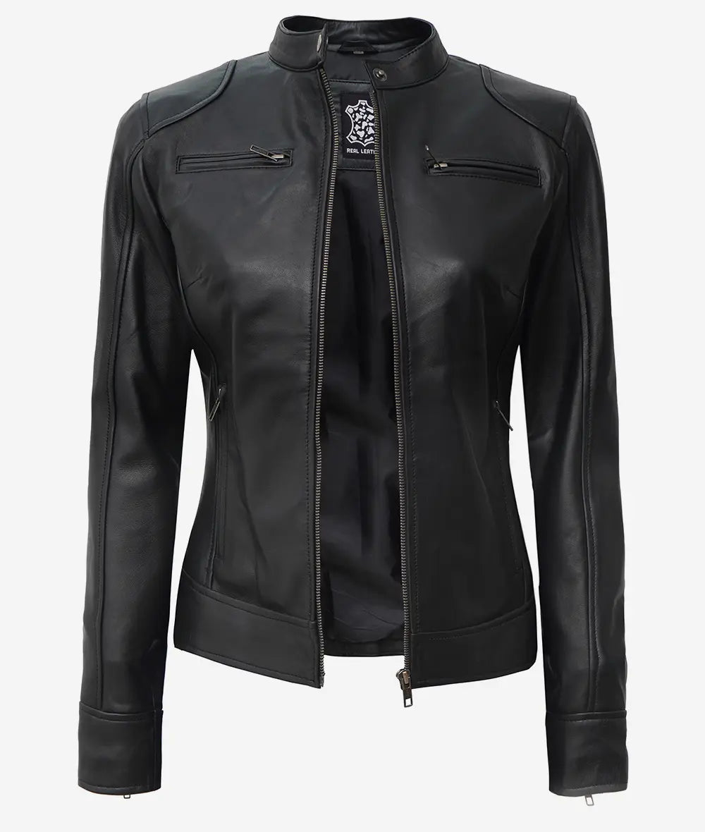 Women's Black Premium Real Leather Biker Jacket image 1